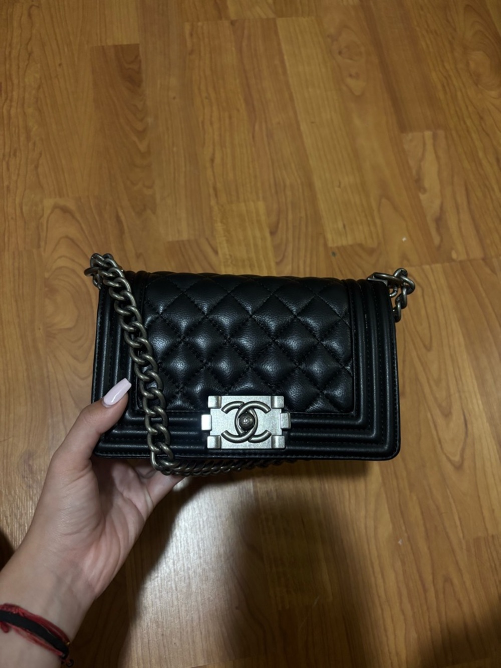 CHANEL Black Quilted Leather Crossbody Boy Bag with Silver Hardware
